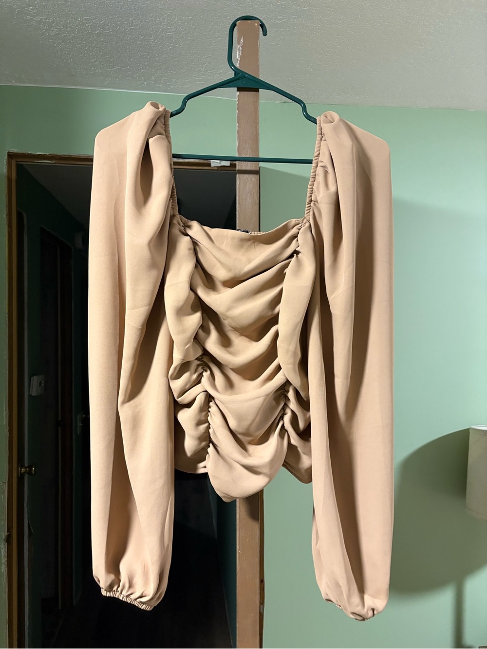 Express Beige Ruched Long Sleeve Crop Top